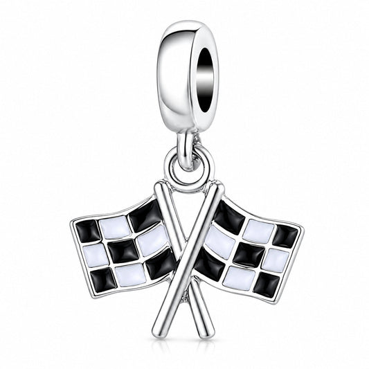 Dangling Black and White Checkered Flags Charm  S925 Sterling Silver