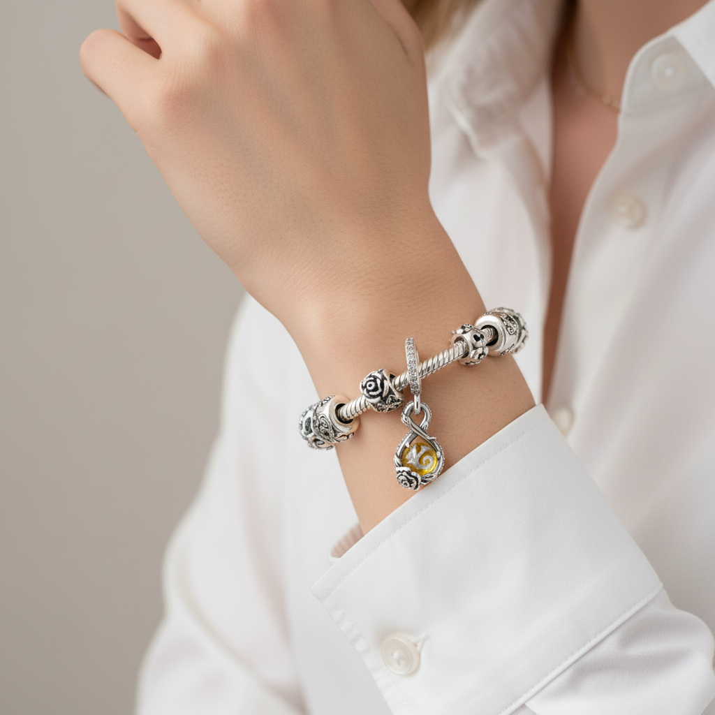 Disney Beauty & Beast Infinity & Rose Flower Dangle Charm S925 Sterling Silver