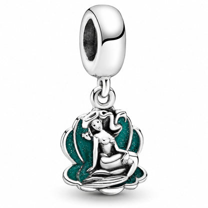 Disney Little Mermaid Ariel & Seashell Dangle Charm S925 Sterling Silver