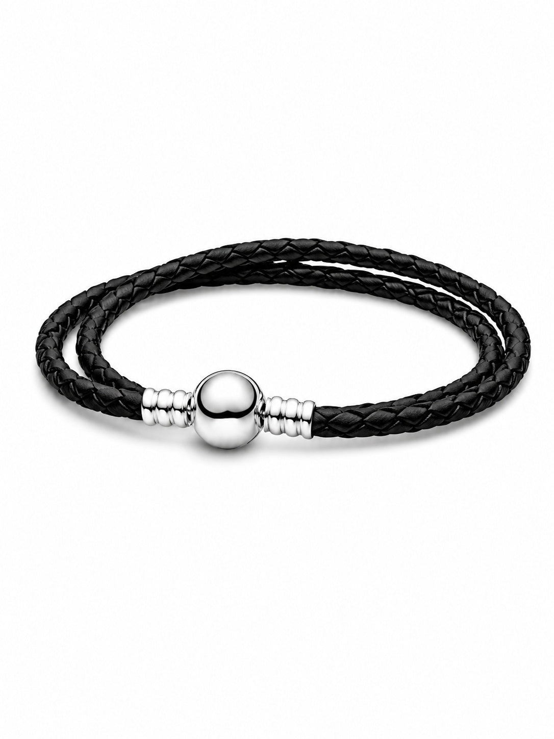 Double Black Leather Bracelet S925 Sterling Silver