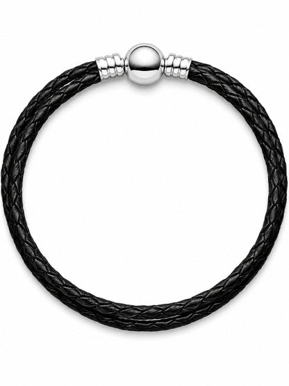 Double Black Leather Bracelet S925 Sterling Silver