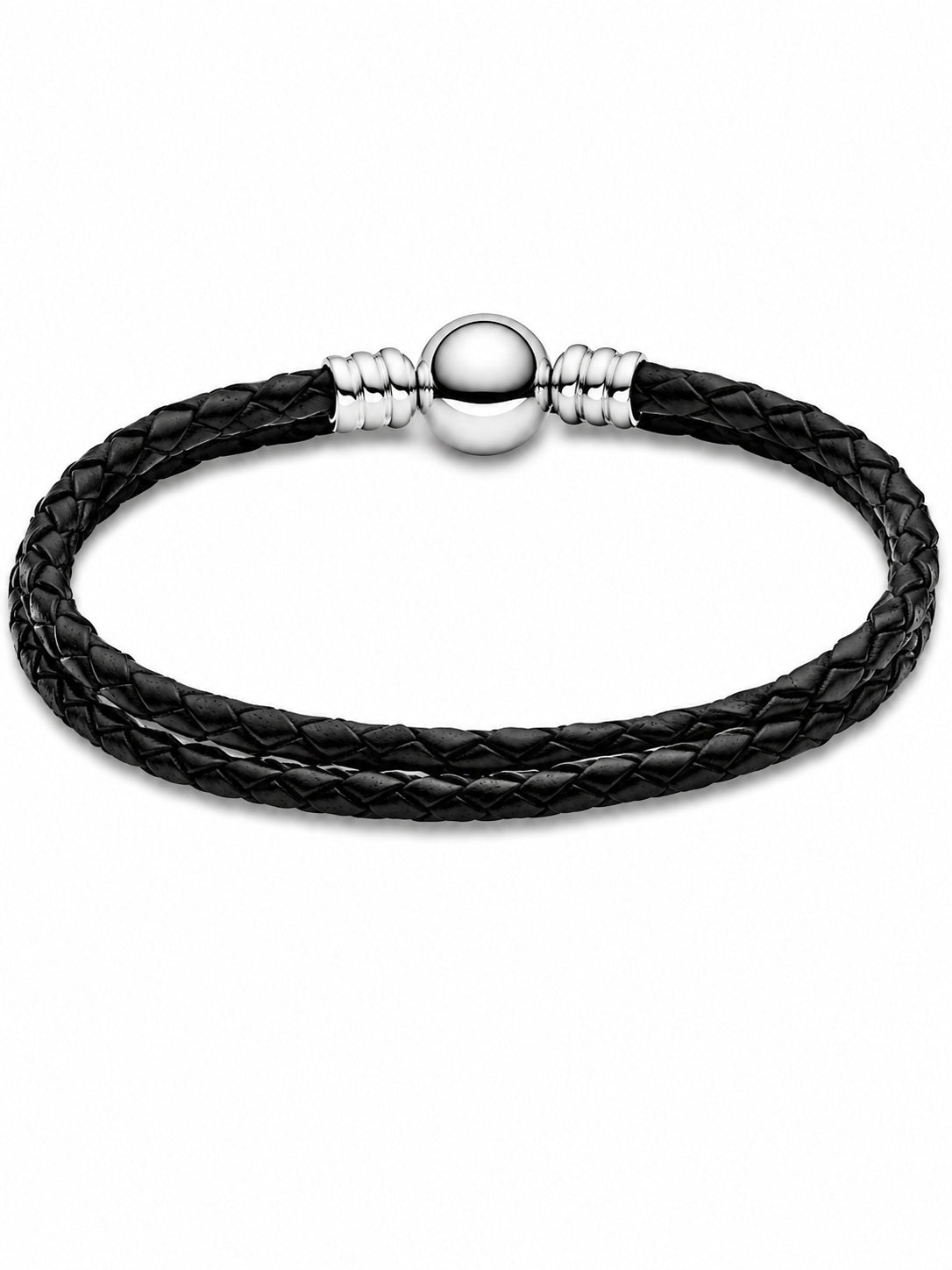 Double Black Leather Bracelet S925 Sterling Silver