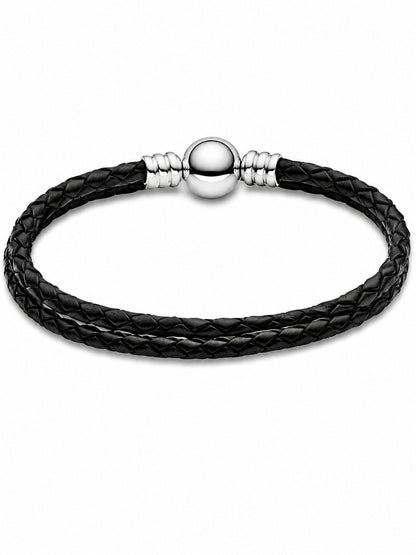 Double Black Leather Bracelet S925 Sterling Silver
