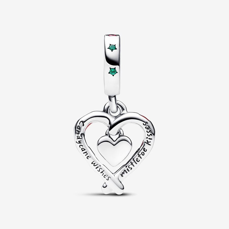Double Candy Cane Heart Christmas Dangle Charm S925 Sterling Silver