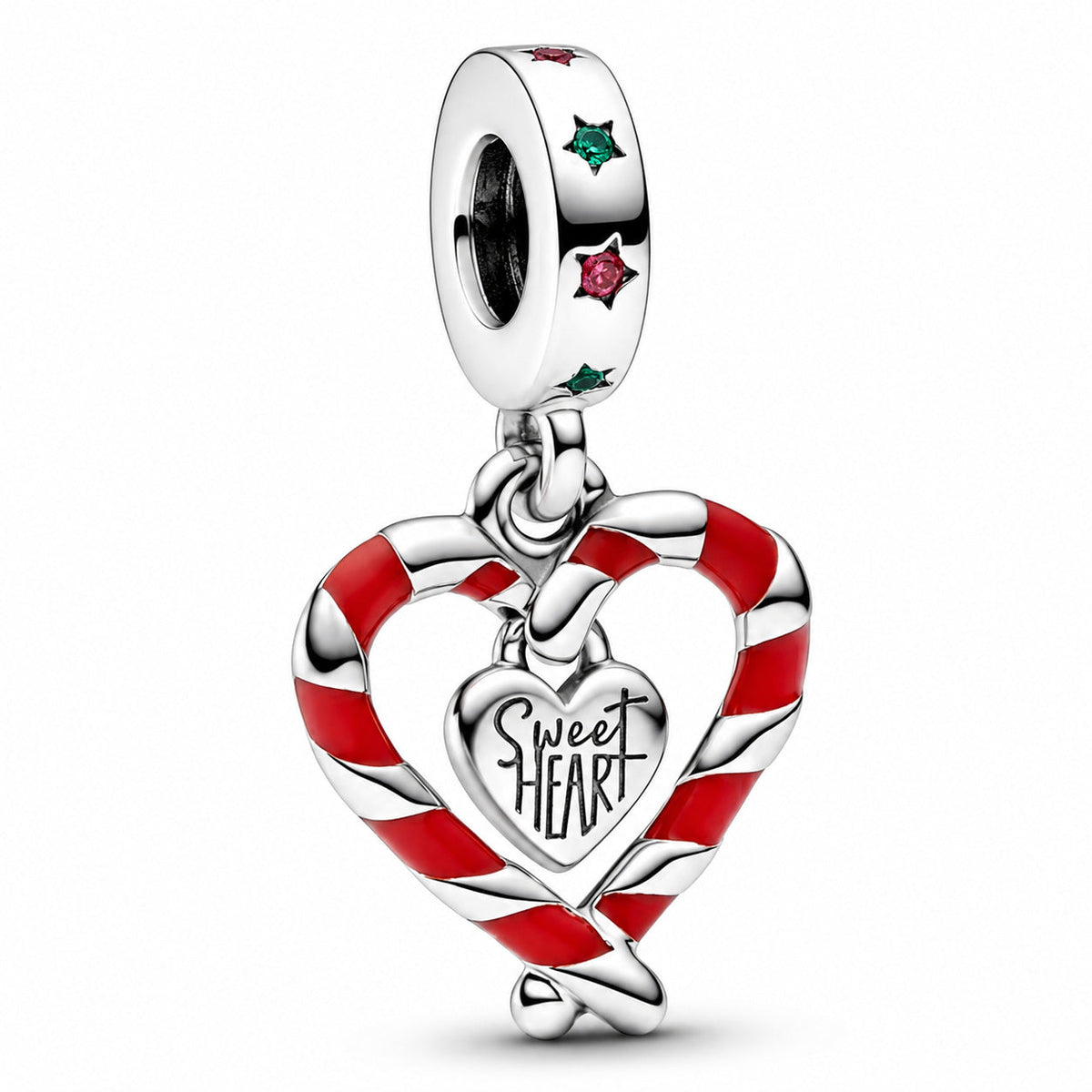 Double Candy Cane Heart Dangle Charm  S925 Sterling Silver