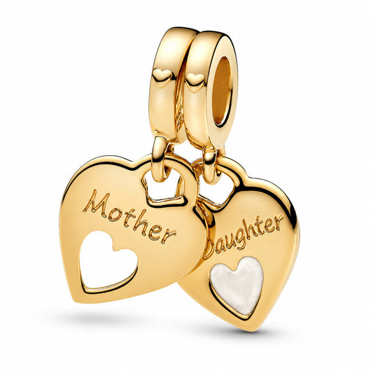 Double Heart gold mother daughter Split Dangle Charm  S925 Sterling Silver