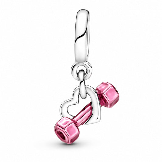 Dumbbell & Heart Dangle Charm S925 Compatible Sterling Silver Charm