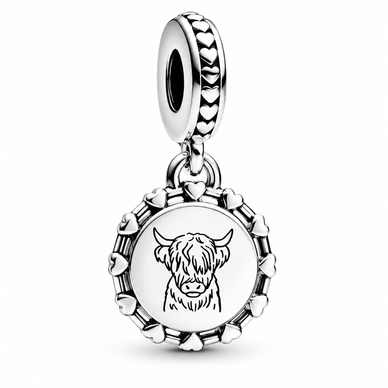 Engravable Scottish Cow Dangle Charm S925 Sterling Silver