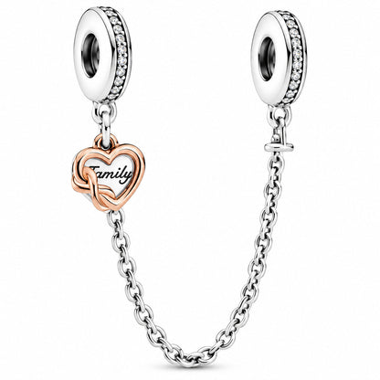 Family Heart Safety Chain Charm  S925 Sterling Silver
