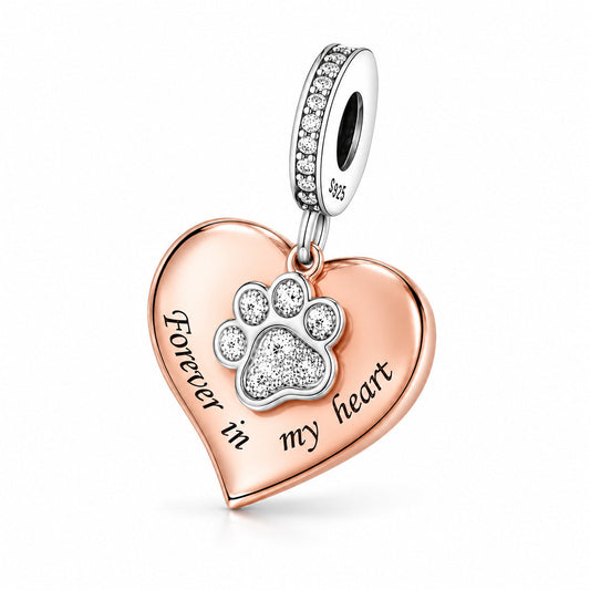 Forever in my heart Rose Gold Pet Cat Dog Memorial Charm S925 Sterling Silver