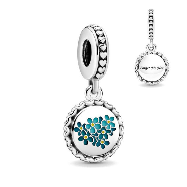 Blue Forget Me Not Flower Dangle Charm S925 Sterling Silver