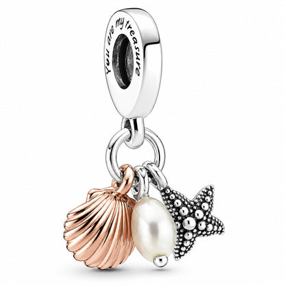 Freshwater Cultured Pearl, Starfish & Shell Triple Dangle?harm  S925 Sterling Silver