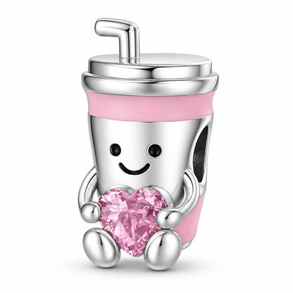 Fun Coffee-To-Go Cup Pink Embraces Love Charm S925 Sterling Silver