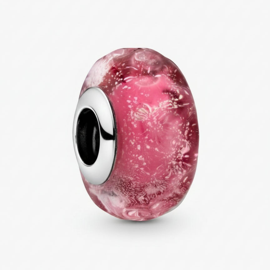 Wavy Fancy Pink Murano Glass Charm Hallmarked S925 Sterling Silver
