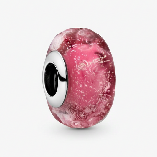 Wavy Fancy Pink Murano Glass Charm Hallmarked S925 Sterling Silver