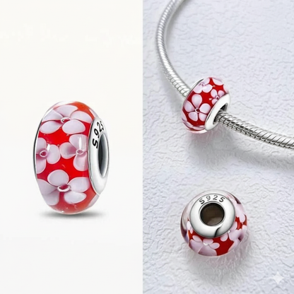 Red Murano Glass Cherry Blossom Charm  S925 Sterling Silver