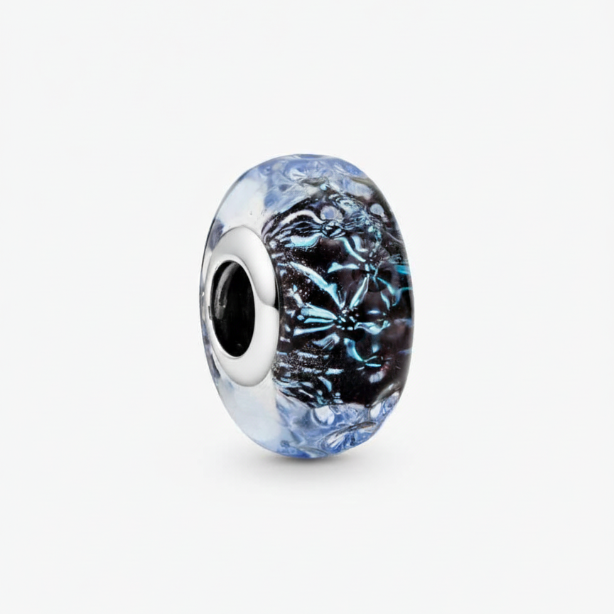 Wavy Dark Blue Murano Glass Ocean Charm S925 Sterling Silver
