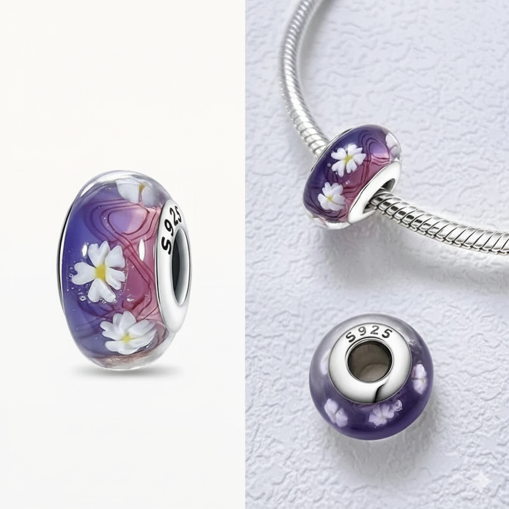 Pink and Purple Murano Glass Cherry Blossom Charm S925 Sterling Silver