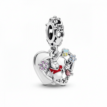 Disney Winnie the Pooh & Piglet Heart Double Dangle Charm S925 Sterling Silver