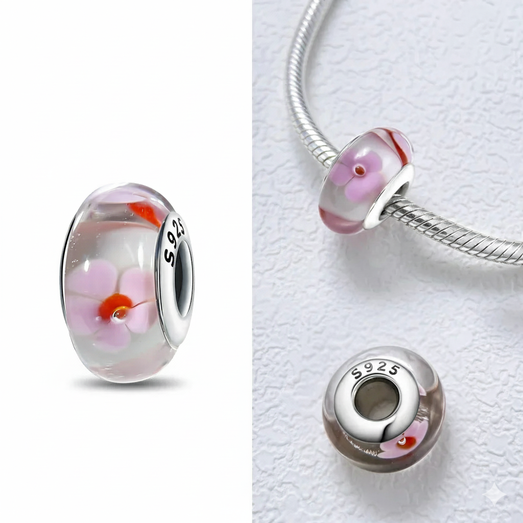 Pink Floral Murano Glass Charm S925 Sterling Silver