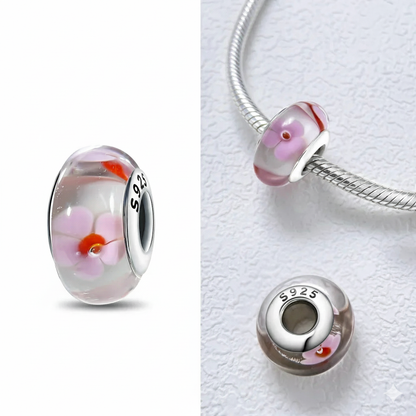 Pink Floral Murano Glass Charm  S925 Sterling Silver