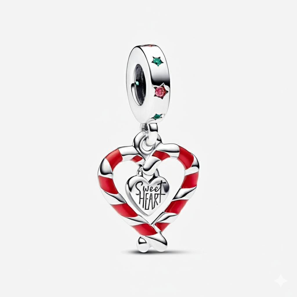 Double Candy Cane Heart Christmas Dangle Charm S925 Sterling Silver