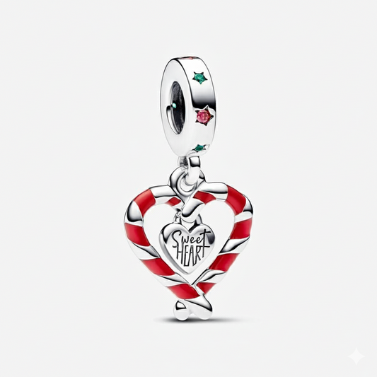 Double Candy Cane Heart Christmas Dangle Charm S925 Sterling Silver