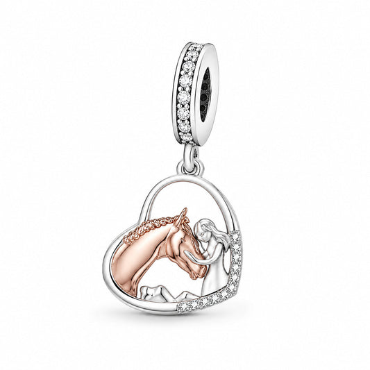 Girl and Her Horse Heart Charm S925  Compatible Sterling Silver Charm