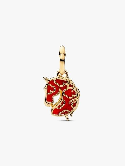 Gold Red Fire Horse Murano Glass Dangle Charm S925 Sterling Silver