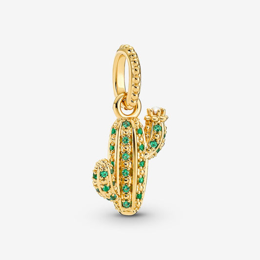 Gold Sparkling Desert Cactus Dangle Charm S925 Sterling Silver