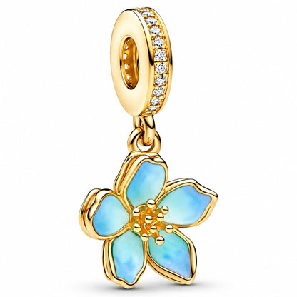 Gold & Blue Cherry Blossom Dangle Charm S925 Sterling Silver