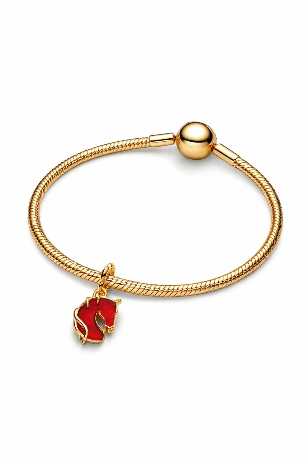Gold Red Fire Horse Murano Glass Dangle Charm S925 Sterling Silver