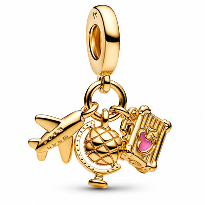 Golden Airplane, Globe & Suitcase Travel Dangle Charm  S925 Sterling Silver