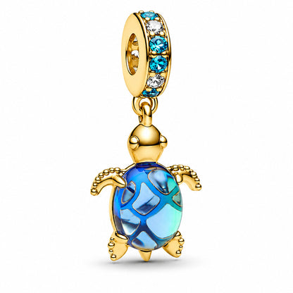 Golden Sea Turtle blue Murano Glass Dangle Charm S925 Sterling Silver