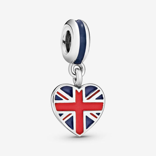 Great Britain Union Jack Heart Dangle Charm S925 Sterling Silver