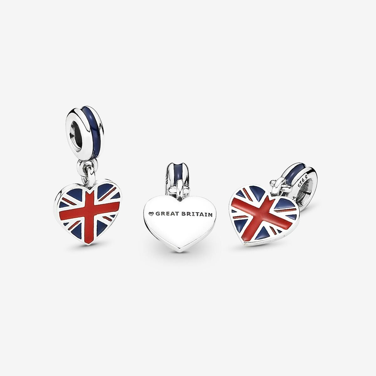 Great Britain Union Jack Heart Dangle Charm S925 Sterling Silver