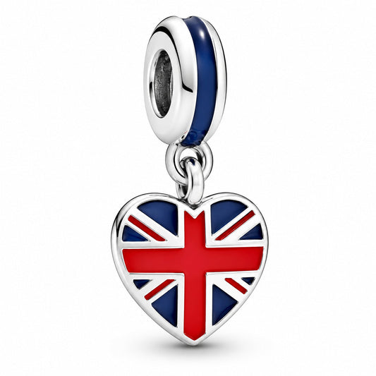 Great Britain Union Jack Heart Dangle Charm  S925 Sterling Silver