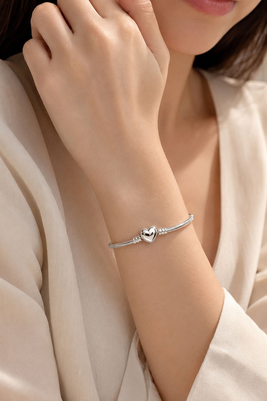Women's Sterling Silver Heart Bangle for Charms S925 Sterling Silver