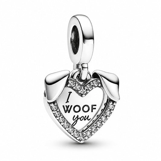 Heart & Dog Double Dangle Charm  S925 Sterling Silver