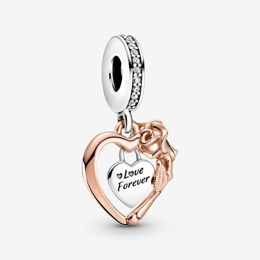 Heart & Rose Flower Dangle Charm S925 Compatible Sterling Silver Charm