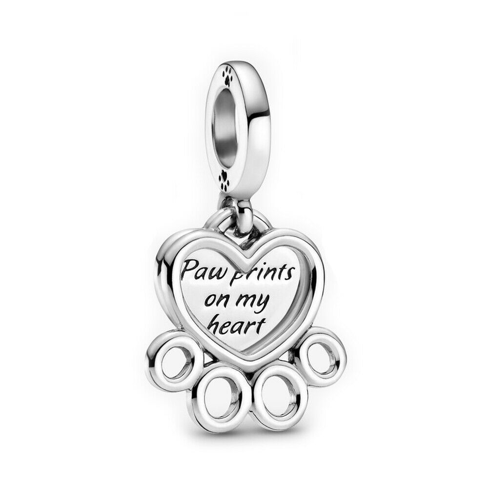 Dog Paw Print & Heart Dangle Charm S925 Sterling Silver