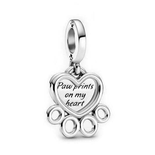 Dog Paw Print & Heart Dangle Charm S925 Sterling Silver