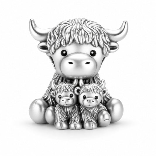 Highland Cow Embraces Babies Charm  S925 Sterling Silver