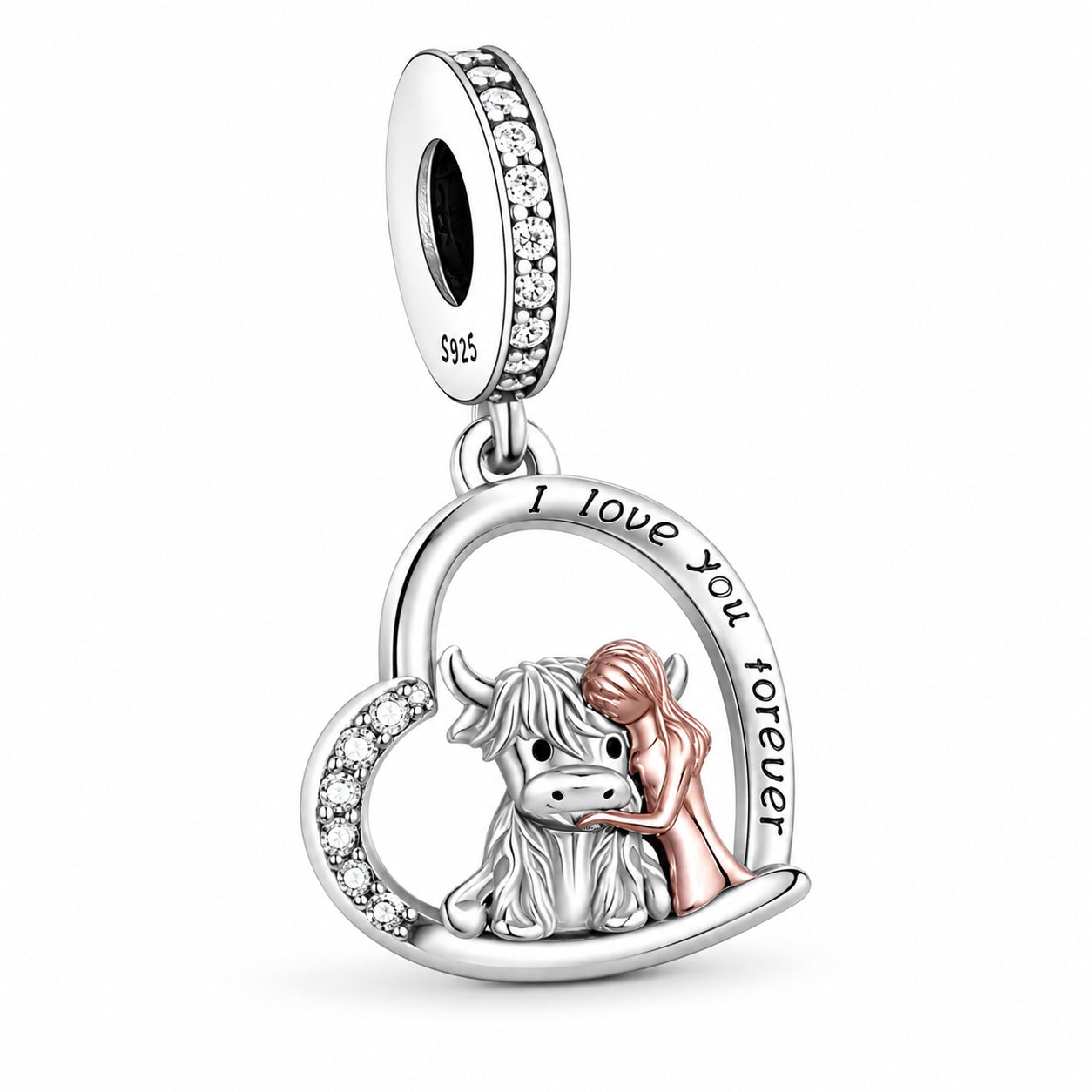 Girl & Scottish Highland Cow Charm Hallmarked S925 Sterling Silver