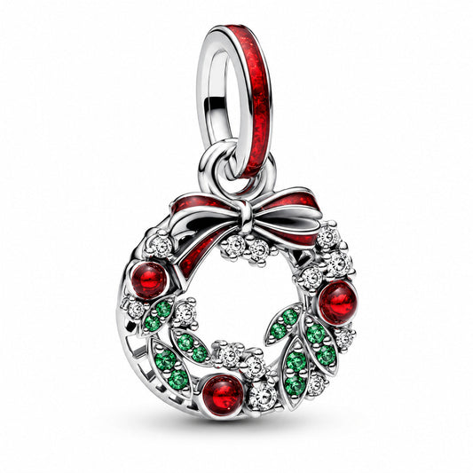 Holiday Wreath Double Dangle Charm  S925 Sterling Silver