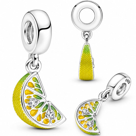 Lemon Slice Sparkling Fruit Dangle Charm S925 Sterling Silver