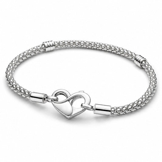 Heart Closure Silver Studded Chain Charm Bracelet S925 Sterling Silver