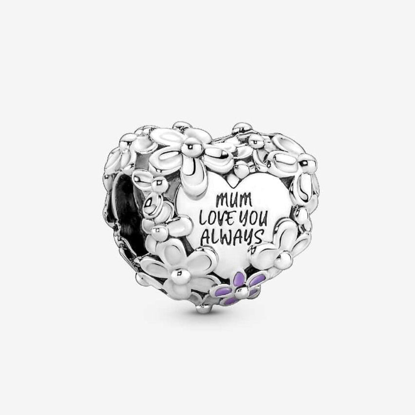 Mum Daisy Heart Charm S925 Sterling Silver