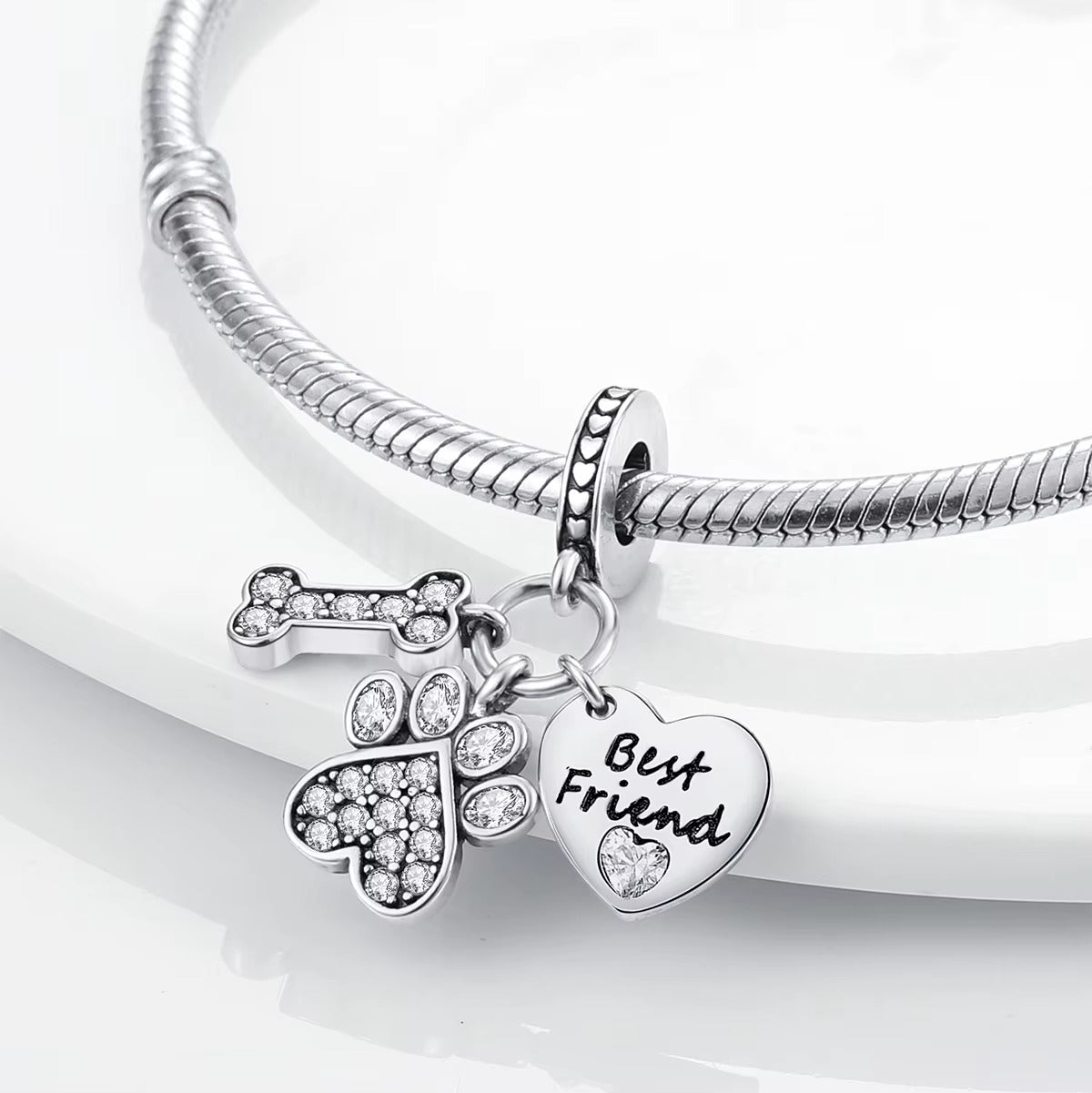 Dog Bone Paw Print Best Friend Charm S925 Sterling Silver