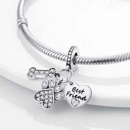 Dog Bone Paw Print Best Friend Charm S925 Sterling Silver